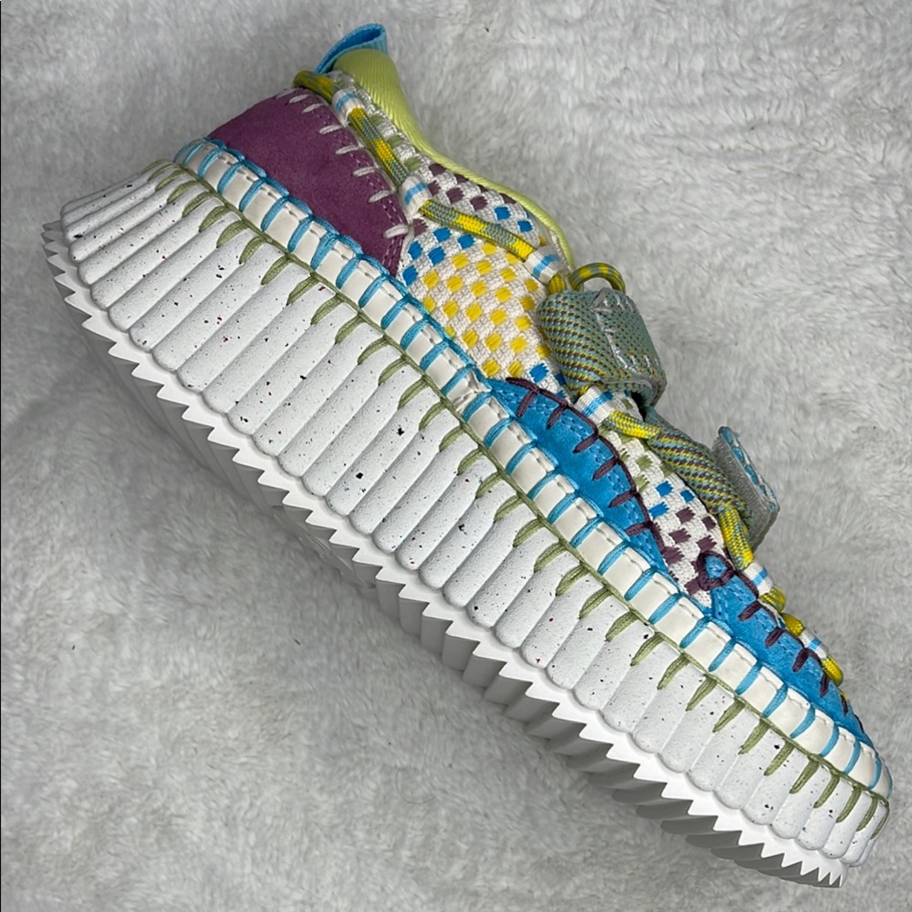 Chloe Vibrant Yellow and Blue Sneakers with Geometric Pattern - Picture 2 of 6